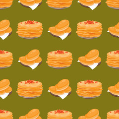 Traditional Russian pancake cuisine seamless pattern dish course food gourmet national meal vector illustration.