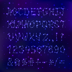 Font space constellation alphabet typeface script star geometry design typographic abstract letters symbols vector illustration. © partyvector