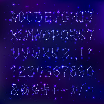 Font space constellation alphabet typeface script star geometry design typographic abstract letters symbols vector illustration.