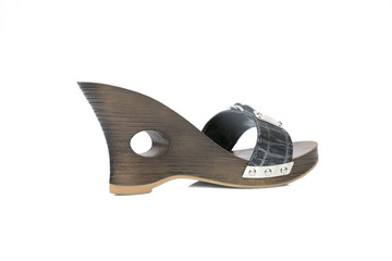 Female Brown Sandal on White Background, Isolated Product, Top View, Studio.