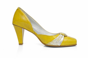 Female Yellow Shoe on White Background, Isolated Product, Top View, Studio.