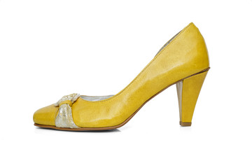 Female Yellow Shoe on White Background, Isolated Product, Top View, Studio.