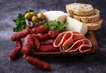 Selection of Italian appetizer. Wine snack set.