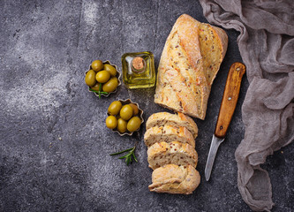 Italian ciabatta bread with olives.