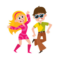 Young couple, man and woman, dancing dicso, having fun, cartoon vector illustration isolated on white background. Young man and woman dancing together at retro disco party