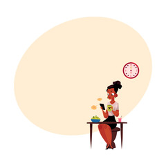 Black, African American businesswoman using smartphone, having breakfast, drinking coffee before work, cartoon vector illustration with space for text. Black businesswoman has breakfast