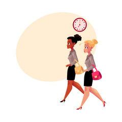 Young businesswomen, black and Caucasian, hurrying to work in morning, cartoon vector illustration with space for text. Black and Caucasian businesswomen hurrying to work, clock showing time