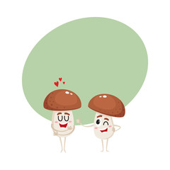 Two funny porcini mushroom characters, one showing love, another giving thumb up, winking, cartoon vector illustration with space for text. Two porcini mushroom characters, love and joking