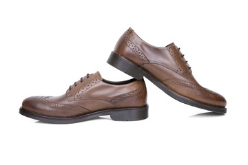 Male Brown Shoe on White Background, Isolated Product, Top View, Studio.

