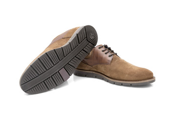 Male Brown Shoe on White Background, Isolated Product, Top View, Studio.
