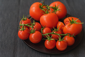 Close-up of fresh red ripe organik tomatoes with water drops on branches, dark linen napkin. Selective focus. Top view. Concept of vegetarian and healthy food
