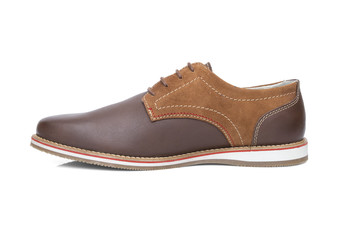 Male Brown Shoe on White Background, Isolated Product, Top View, Studio.
