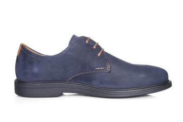 Male Blue Shoe on White Background, Isolated Product, Top View, Studio.
