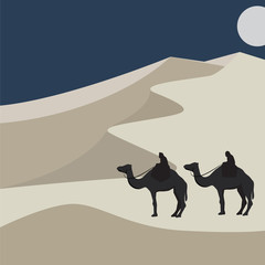 Camels in the desert vector. Sand dunes illustration. Minimalist style.