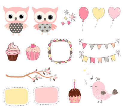 Cute birthday set with pink owls and balloons for baby showers, greeting cards and scrapbooking