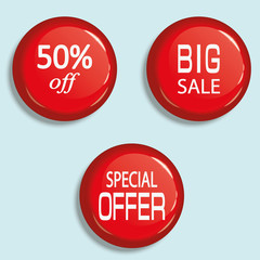 Set of glossy sale buttons or badges. Big sale, special offer, 50% off.