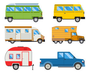 Campers vacation travel car summer nature holiday trailer house vector illustration flat transport