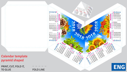 Template english calendar 2018 by seasons pyramid shaped, vector background