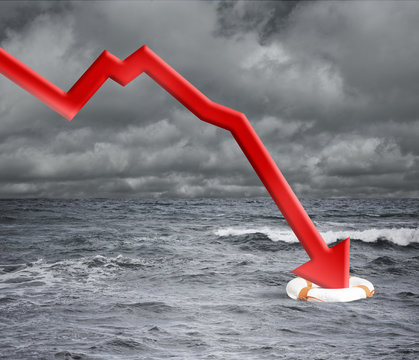 Crisis concept with falling arrow in the ocean