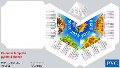 Template russian calendar 2018 by seasons pyramid shaped, vector background