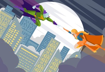 superhero girl fighting a villain in the city sky © matiasdelcarmine