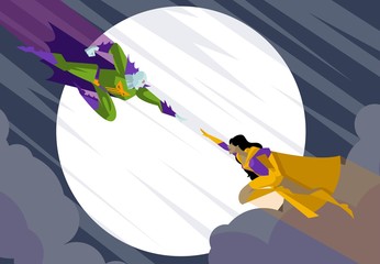 african superhero girl fighting a villain in the sky
