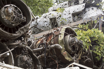 Wreckage of plane in junkyard