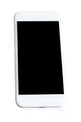 White smart phone with black screen on isolated white background.