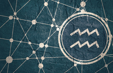 Zodiac symbol in circle. Concrete grunge texture. Molecule And Communication Background. Connected lines with dots. Modern brochure, report or cover design template. Sign of the Water Bearer