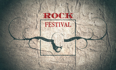 Creative Rock music festival poster template. Image of man with horns of the deer. Invitation card design. Concrete grunge texture