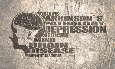 Abstract illustration of a human head with brain. Woman face silhouette. Medical theme creative concept. Connected lines with dots. Parkinsons syndrome disease tags cloud. Concrete grunge texture