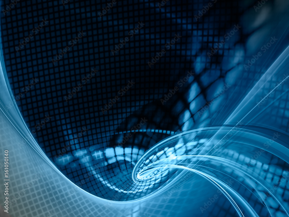 Fototapete Abstract blue background element. Grids and curves series. Fractal graphics. Composition of net shapes, curves, motion blur and waveforms. High resolution.