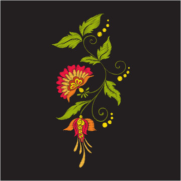 Embroidery vintage flowers bouquet or pattern in rococo, victorian, renaissance, baroque, royal style on black background. Stock line vector illustration.