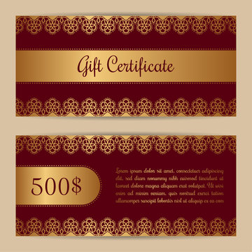 Gift certificate or voucher template with lace border. Vector illustration