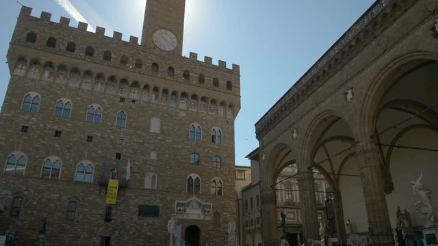 Florence, April 2017: Replica of Syrian Palmyras Arch of Triumph in Piazza della Signoria near Old Palace Palazzo Vecchio , on April 2017 in Florence, Tuscany, Italy