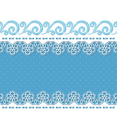 Background for greeting card or invitation with lace borders and embroidery. Vector Illustration
