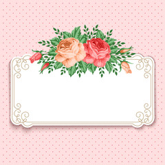 Invitation or greeting card template with roses in retro style. Vector Illustration