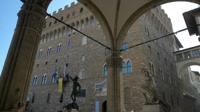 Florence, April 2017: Replica of Syrian Palmyras Arch of Triumph in Piazza della Signoria near Old Palace Palazzo Vecchio , on April 2017 in Florence, Tuscany, Italy