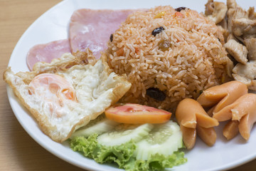Mixed Fried Rice on Wooden Table.