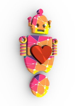 Human and robot relationships. Robotics industry relative image. Heart icon between robot and human. 3D rendering. Multicolor polygonal texture
