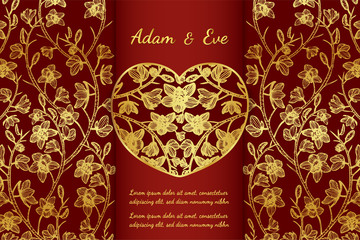 Paphiopedilum orchids card by hand drawing.Orchids vector card on red background.