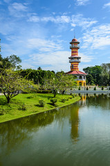 The Royal Residence (Phra Thinang) and Sages Lookout Tower (Ho Withun Thasana) of the Thai royal Summer Palace of Bang Pa-in near Ayutthaya and Bangkok