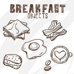 Fried eggs ham bacon coffee breads objects