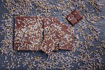 Dark chocolate bar with dried lavender flowers