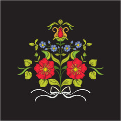 Embroidery vintage flowers bouquet or pattern in rococo, victorian, renaissance, baroque, royal style on black background. Stock line vector illustration.