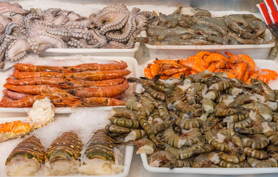 Shellfish and seafood for sale at a market