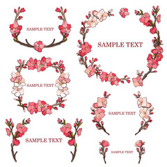 Set of frames from a pink sakura for a wedding decoration. Flower invitation for a wedding or save the date card