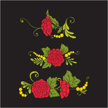 Embroidery vintage flowers bouquet or pattern in rococo, victorian, renaissance, baroque, royal style on black background. Stock line vector illustration.