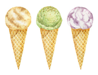 Watercolor ice cream cones with pistachio, vanilla and fruit.