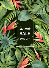 Watercolor sale banner tropical leaves and branches isolated on black background.
